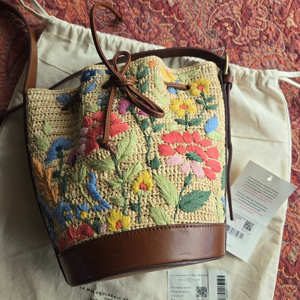 Sezane Mini Raphia Farrow Bag--Multicolor Embroidered Flowers